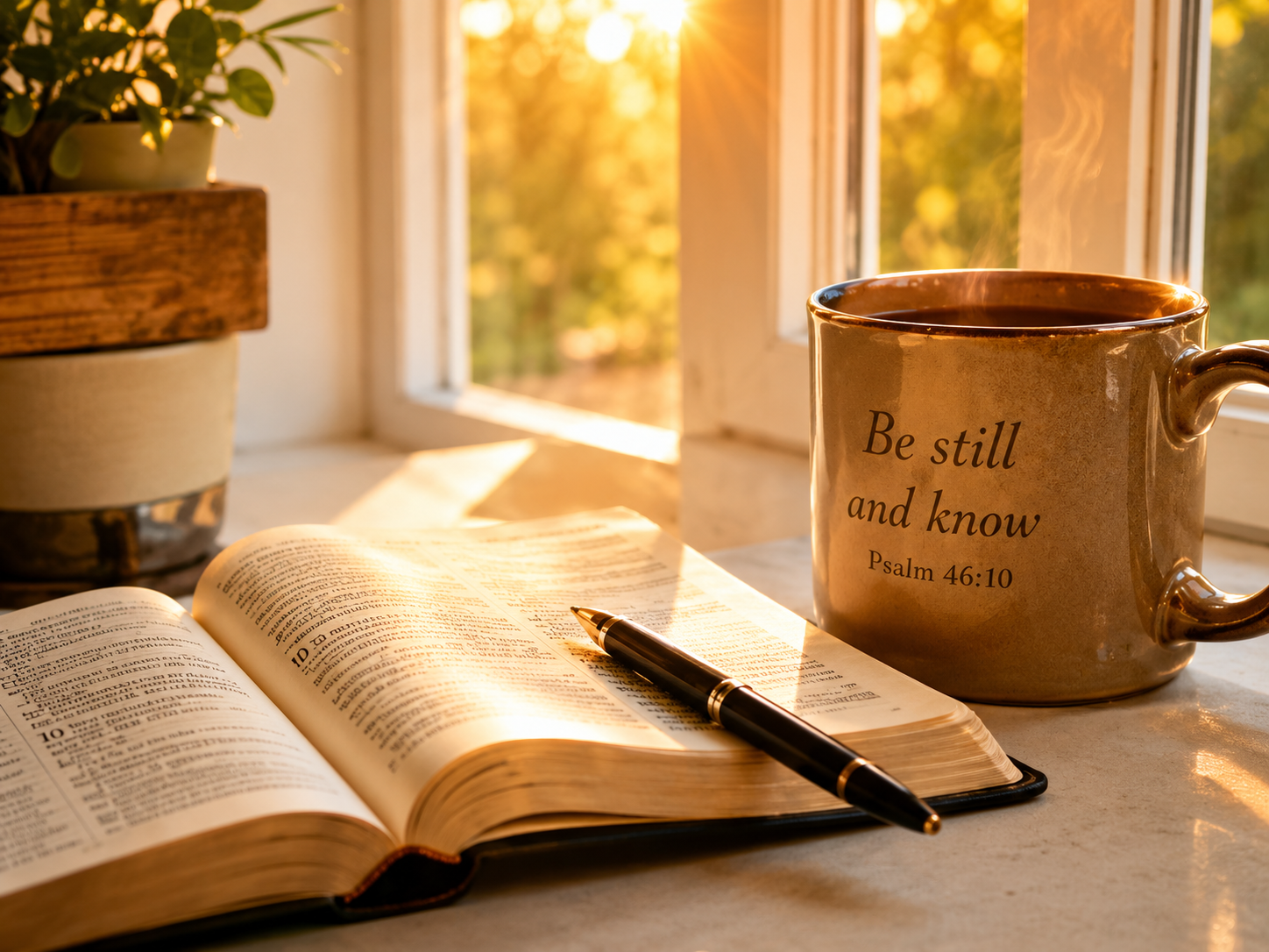 Bible open on desk with coffee mug